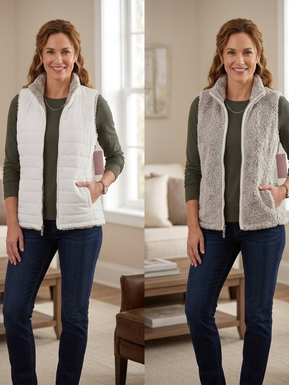Flex Time Reversible Sherpa & Quilted Vest Cream White M NWT